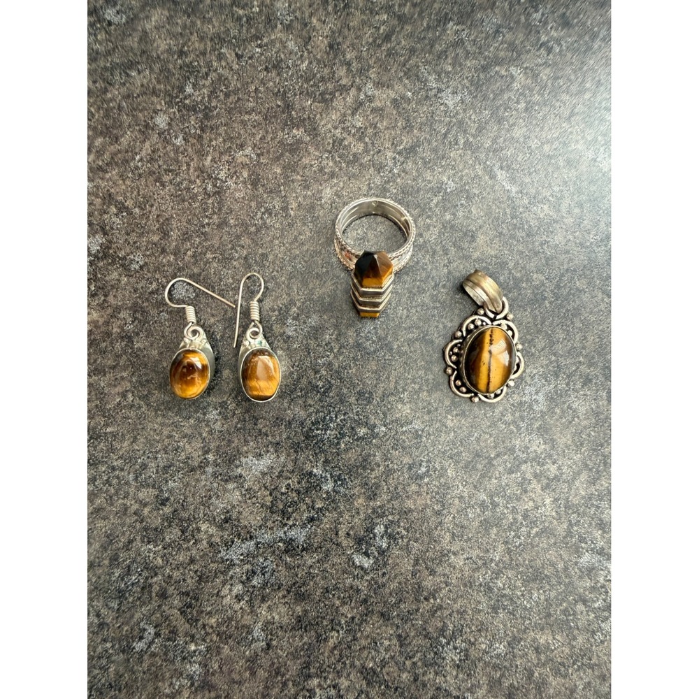 Vintage‎ Tigers Eye Jewelry Set Ring Pendant Earrings Boho Silver Tone 3pc
